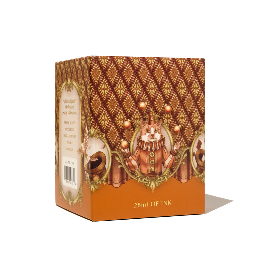 Copper Carnival (Calligraphy Ink) - 28ml box with a jester cat illustration, showcasing professional, waterproof, shimmering orange ink for dip pens and brushes.