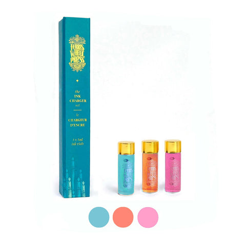 Ferris Wheel Press Ink Charger Set - Dreaming in California Collection: teal box with three gold-capped vials of fountain pen ink in turquoise, coral, and pink.