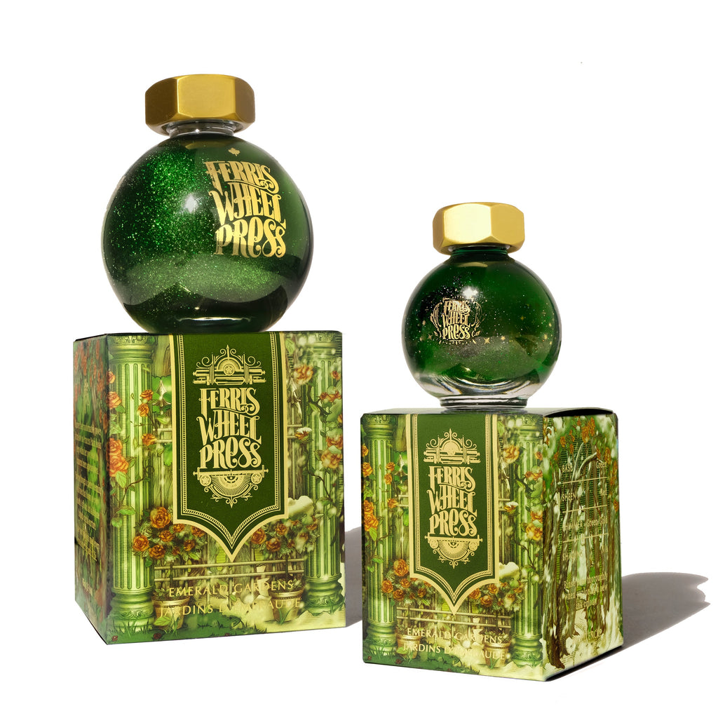 Ferris Wheel Press Emerald Gardens fountain pen ink, 85ml, in round green bottles with gold caps, featuring duochrome shimmer. Part of the FerriTales Collection.