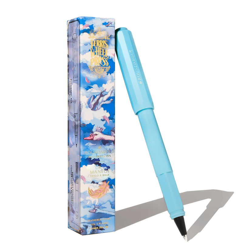 Roundabout Rollerball Pen - Feathered Flight by Ferris Wheel Press, shown with cloud-themed box. Features fine 0.6mm nib, converter included, ideal for fountain pen ink.