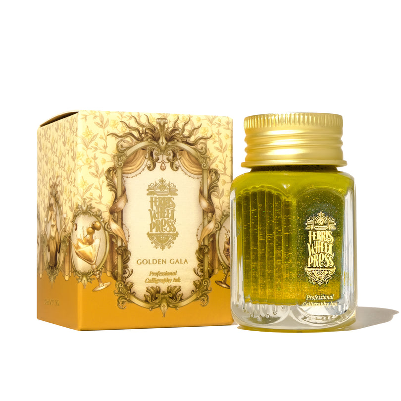 Ferris Wheel Press Golden Gala Calligraphy Ink - 28ml, shimmering gold, in glass bottle with ornate box, for dip pens and professional calligraphy. Ideal for special occasions.