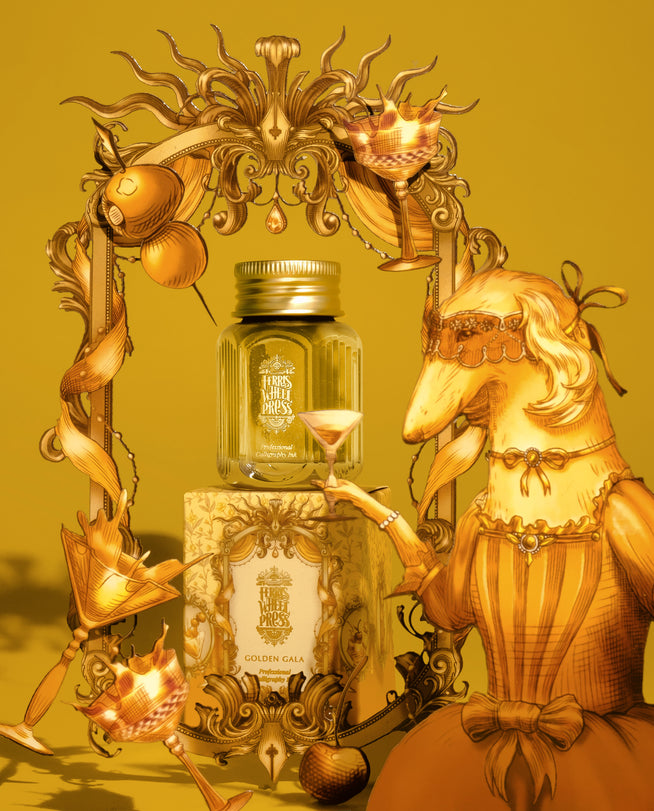 Golden Gala calligraphy ink by Ferris Wheel Press, 28ml glass jar, nestled in an ornate gold-themed still life with a fox figurine and wine glasses.