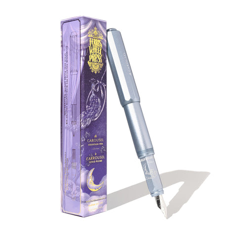 Ferris Wheel Press Aluminium Carousel Fountain Pen - Harlequin Dream (Medium) with custom ground steel nib, displayed with its decorative purple and gold foil packaging.