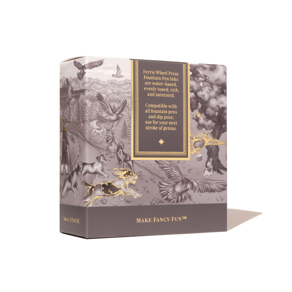 Highland Smoke - 38ml fountain pen ink by Ferris Wheel Press, packaged in a woodland-themed box with metallic accents, ideal for artists and writers.
