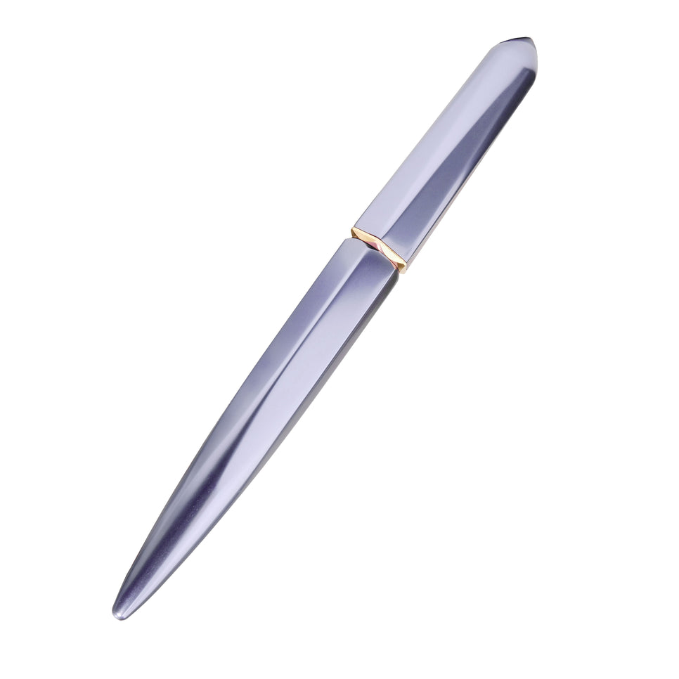 Ferris Wheel Press Marquise Fountain Pen in Pearl Drop Blue, featuring a slim, metallic body with gold accents, closed and ready for creative expression.