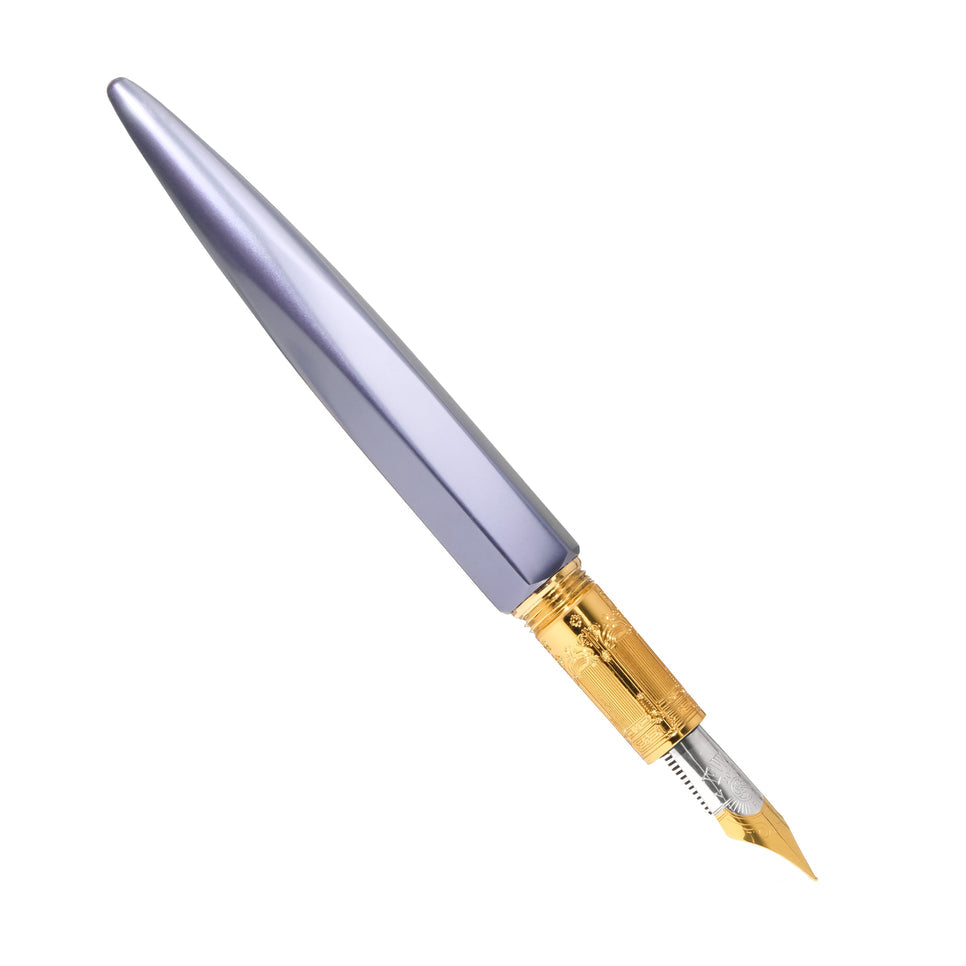 The Marquise Fountain Pen - Pearl Drop Blue (Fine) by Ferris Wheel Press, featuring a silvery-gray barrel with gold-tone accents on the nib and grip.