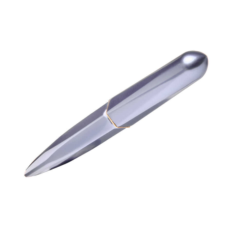 The Marquise Fountain Pen - Pearl Drop Blue (Fine) by Ferris Wheel Press, featuring a cylindrical metal body with a short, pointed blade housed inside.