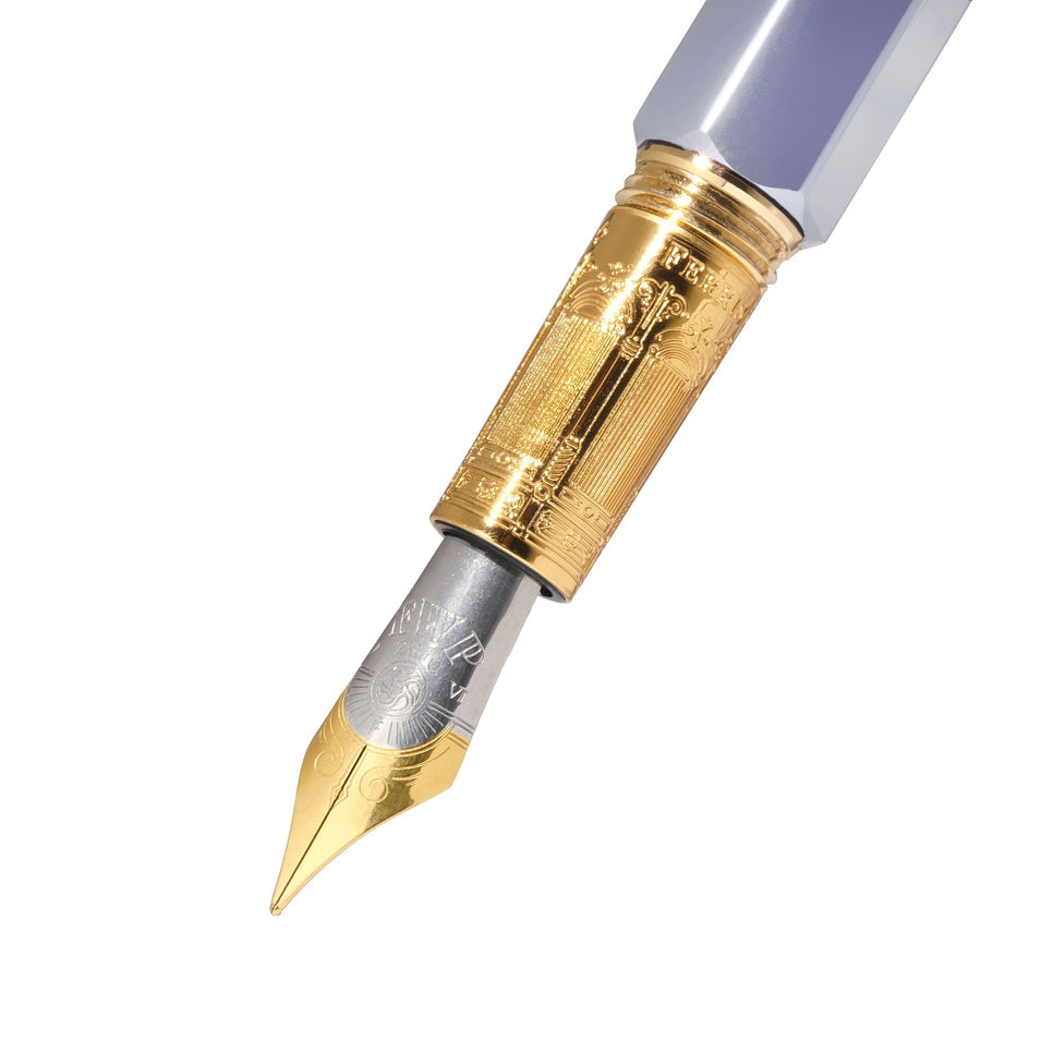 Ferris Wheel Press The Marquise Fountain Pen - Pearl Drop Blue (Fine) featuring a two-tone engraved nib and gold-plated collar for a sophisticated writing experience.