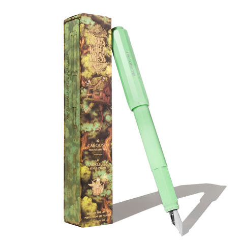 Ferris Wheel Press Carousel Fountain Pen - Lost in the Leaves (Fine), mint-green with whimsical display box, featuring a custom-ground silver nib and included converter.