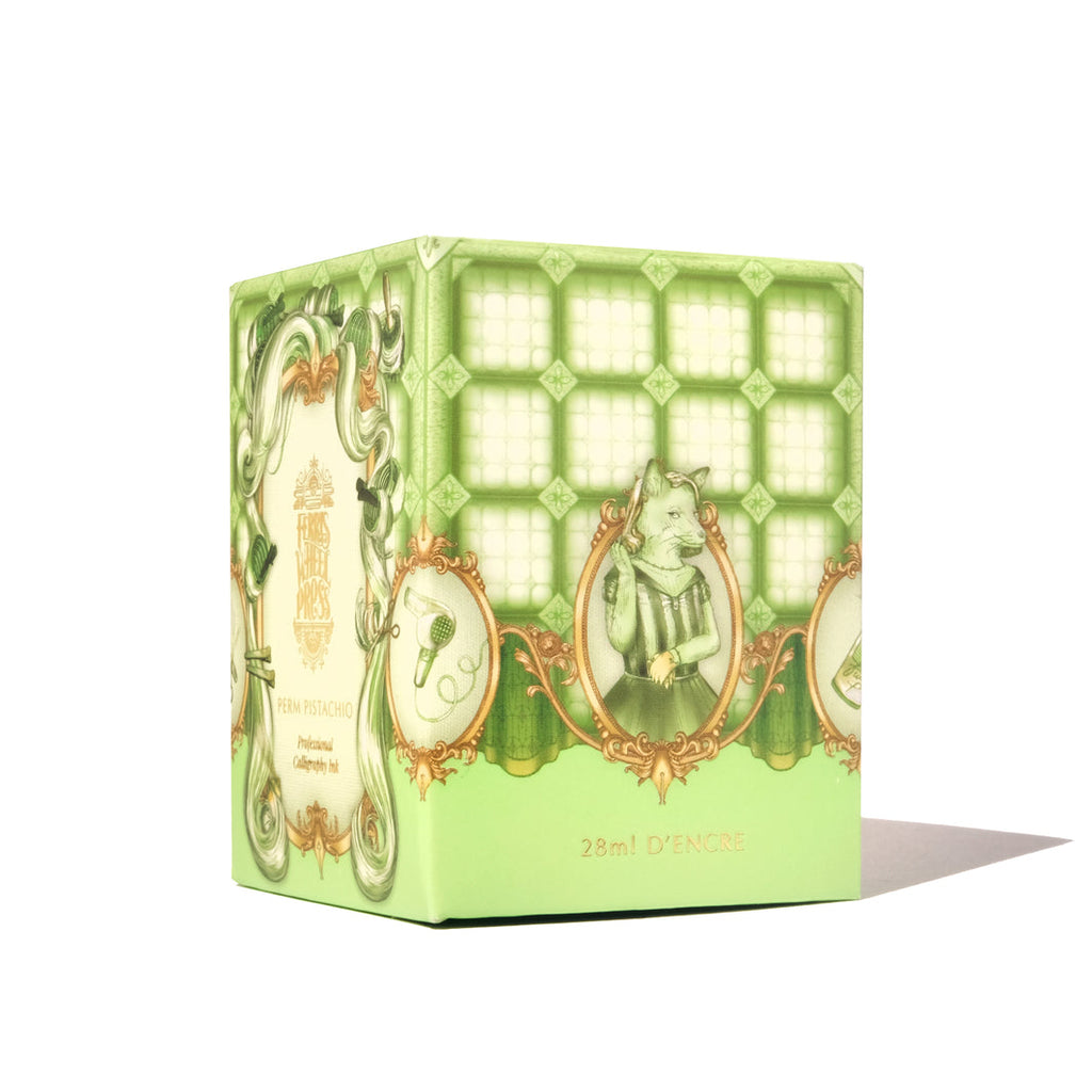 Perm Pistachio Professional Calligraphy Ink - 28ml: Decorative green box with vintage pattern, ideal for dip pens. Not suitable for fountain pens.