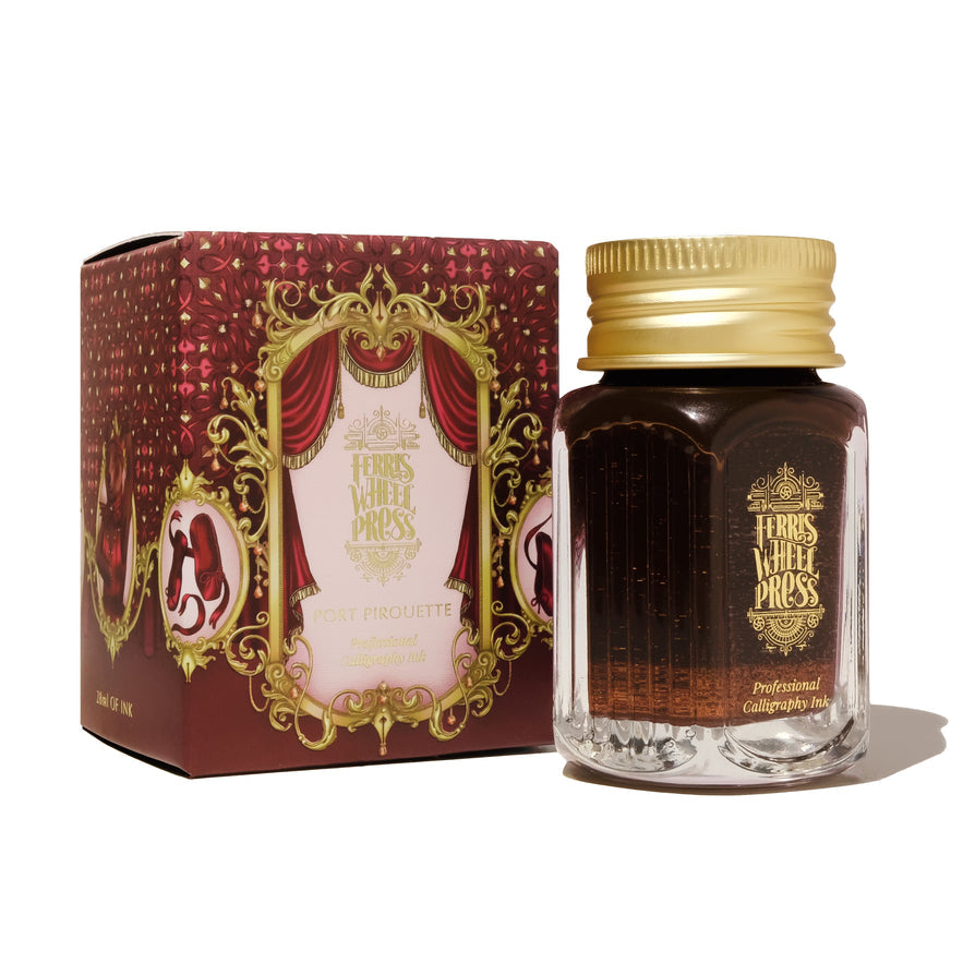 Ferris Wheel Press Port Pirouette calligraphy ink, 28ml, in ornate red-and-gold box with clear glass bottle and gold cap, for dip pens only.