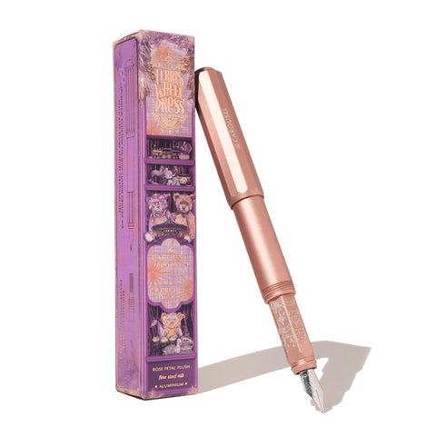 Ferris Wheel Press Aluminium Carousel Fountain Pen in Rose Petal Plush finish with steel nib, shown with decorative box featuring carousel-themed illustrations.