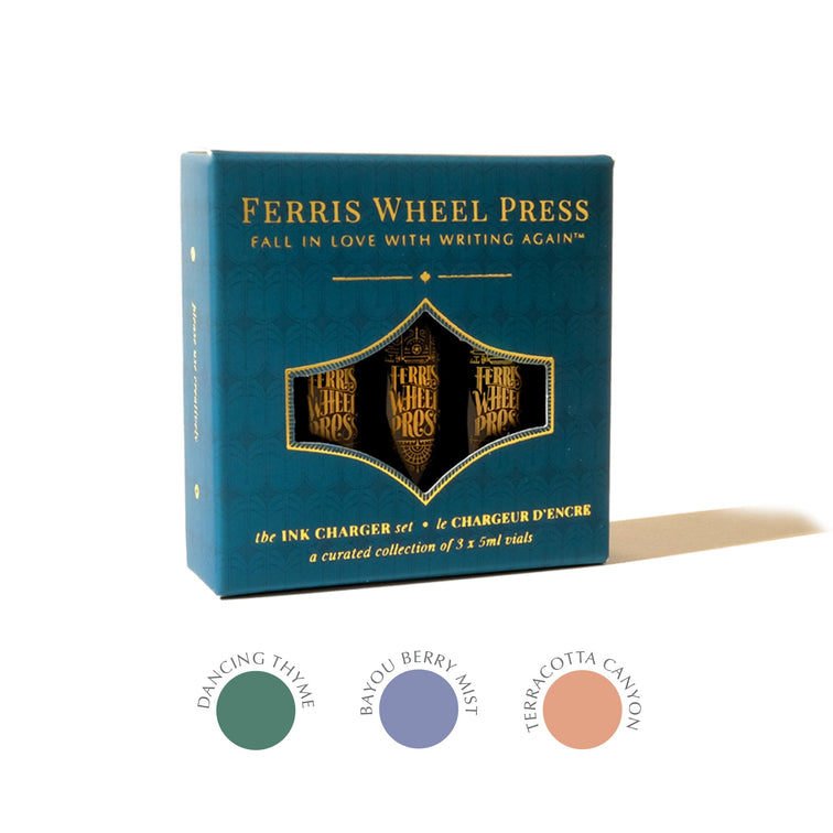 Ferris Wheel Press Ink Charger Set - The Southern Charm Collection, featuring three vials of fountain pen ink: Dancing Thyme, Bayou Berry Mist, and Terracotta Canyon in a teal, gold-foiled package.