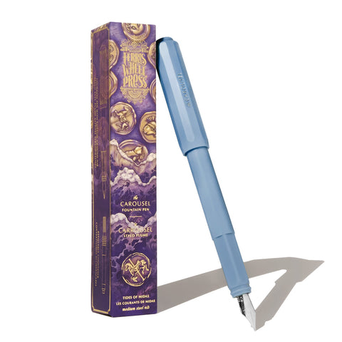 Ferris Wheel Press Carousel Fountain Pen - Tides of Midas (Medium) displayed with a purple and gold-embellished presentation box, includes a converter.