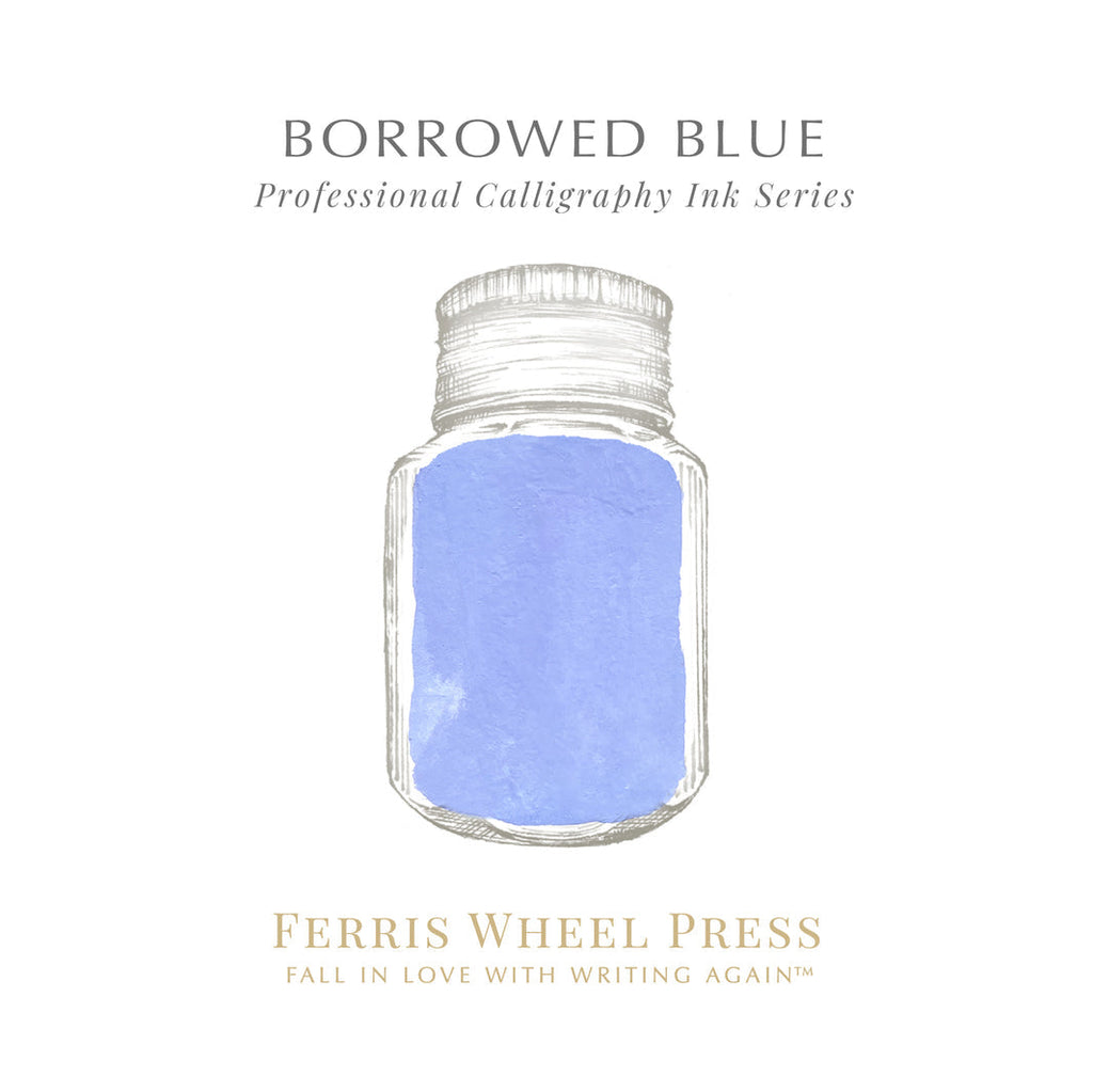 Borrowed Blue (Calligraphy Ink) - 2ml by Ferris Wheel Press, featuring a hand-drawn ink jar, designed for professional calligraphers using dip pens and brushes.