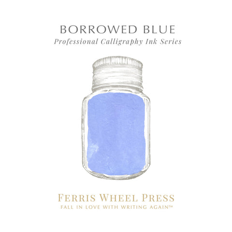 Borrowed Blue (Calligraphy Ink) - 2ml by Ferris Wheel Press, featuring a hand-drawn ink jar, designed for professional calligraphers using dip pens and brushes.