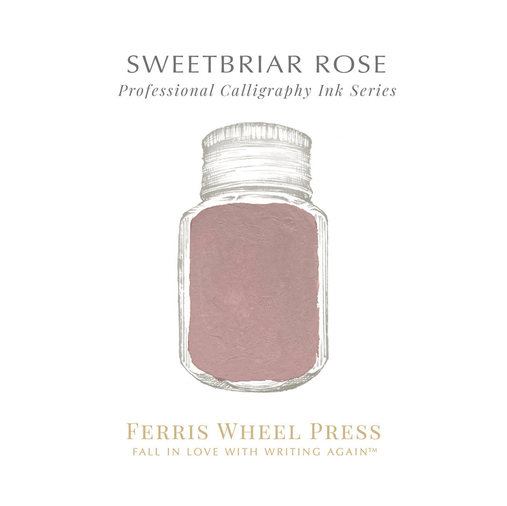 Sweetbriar Rose Calligraphy Ink by Ferris Wheel Press, 2ml, features a minimalist label design with a jar illustration, ideal for dip pens.