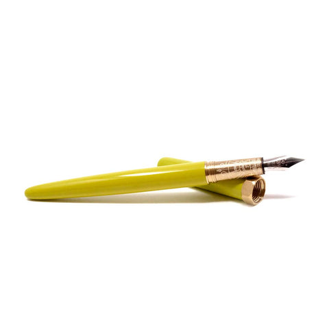 Ferris Wheel Press Brush Fountain Pen - Duck Duck Goose (Medium): chartreuse barrel, cap removed, gold band, metal nib, designed for a balanced writing experience.