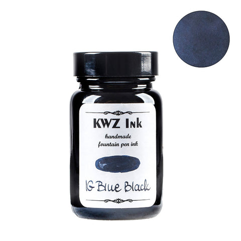 KWZ Ink's IG Blue Black fountain pen ink, 60ml bottle, with a deep blue-black swatch, handmade for unique color and writing properties.