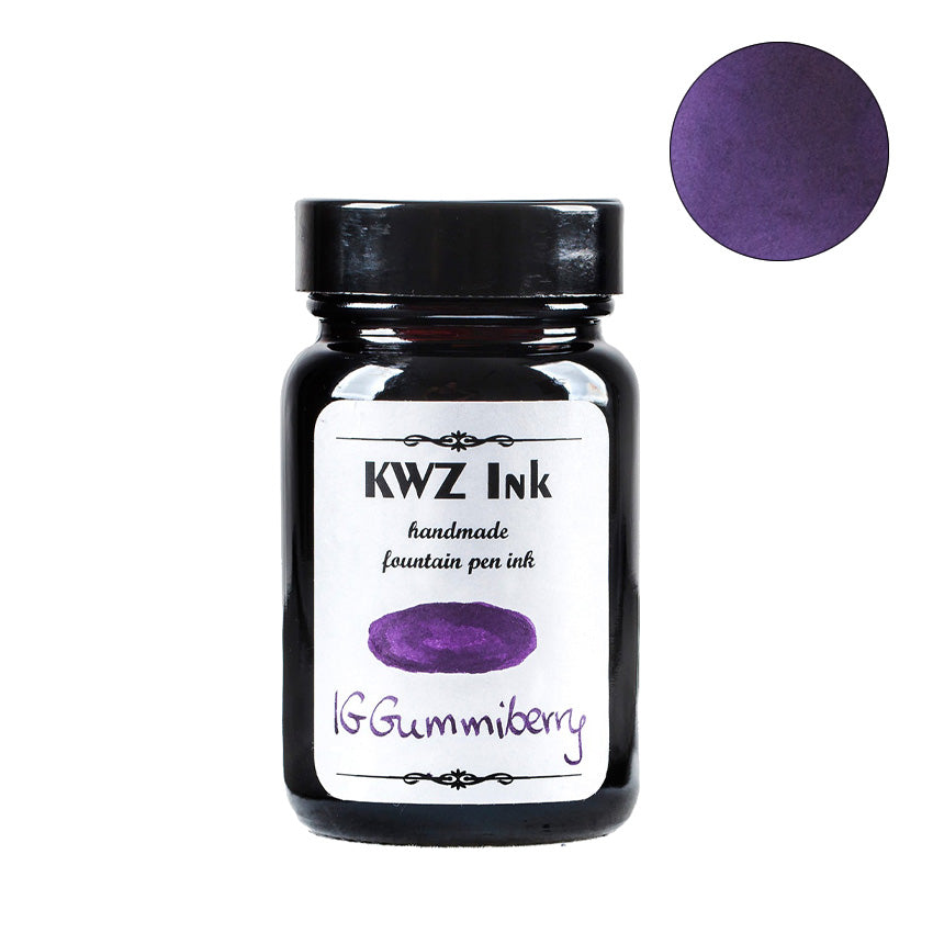 KWZ Ink's IG Gummiberry fountain pen ink, 60ml bottle, features a black screw-cap, white label, and purple color sample, showcasing its unique iron gall formulation.