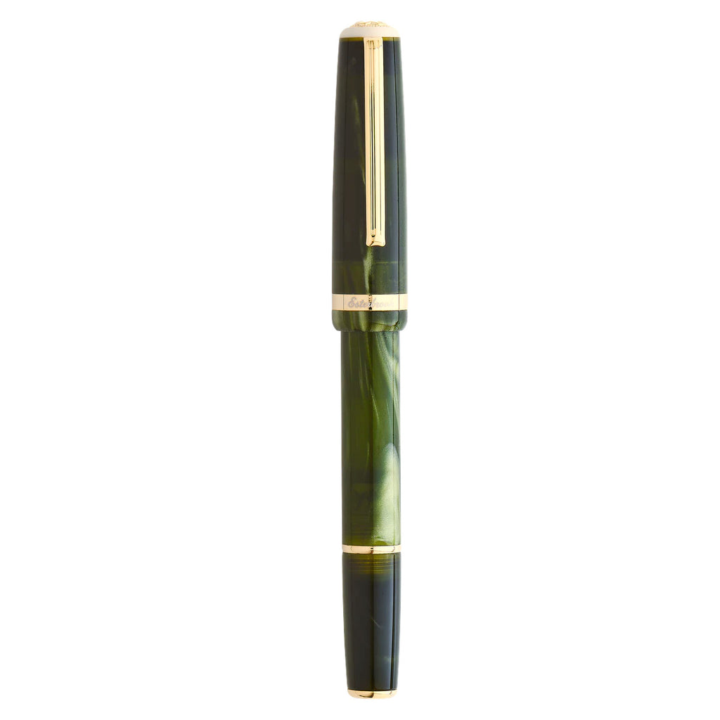 Esterbrook JR Pocket Pen - Palm Green - Medium: A green marbled-resin fountain pen with gold-tone trim, reflecting 1940s flair with modern enhancements, ideal for Desk Bandit's writing enthusiasts.