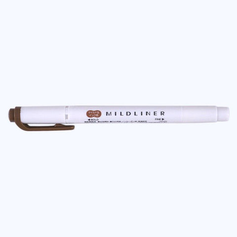 Mildliner - Brown dual-tip highlighter with fine bullet and chisel tips, featuring a white barrel and caps indicating a soft brown ink shade.