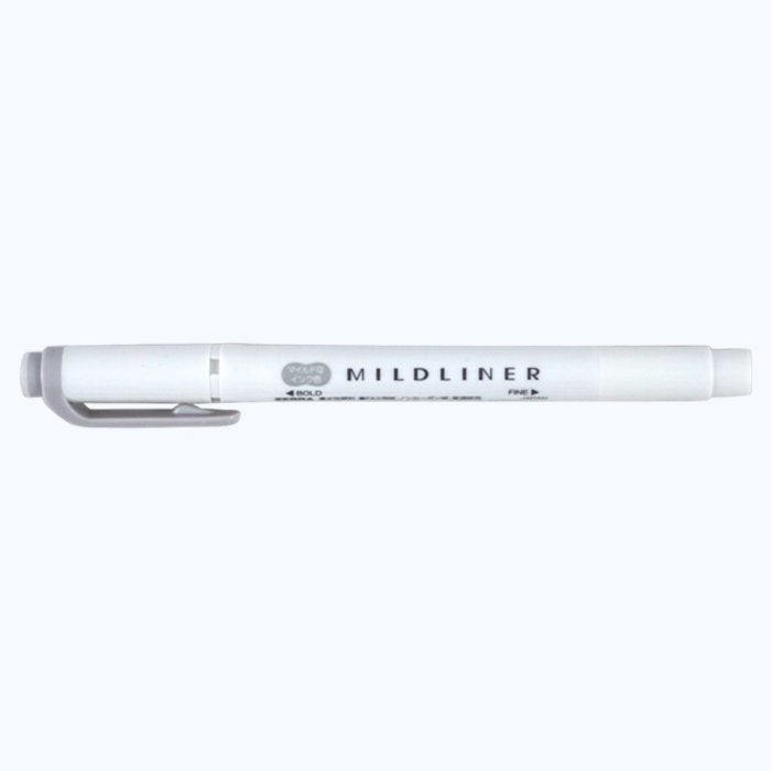 Zebra Mildliner - Grey dual-tip highlighter with a chisel and fine tip, ideal for subtle highlighting and precise underlining.