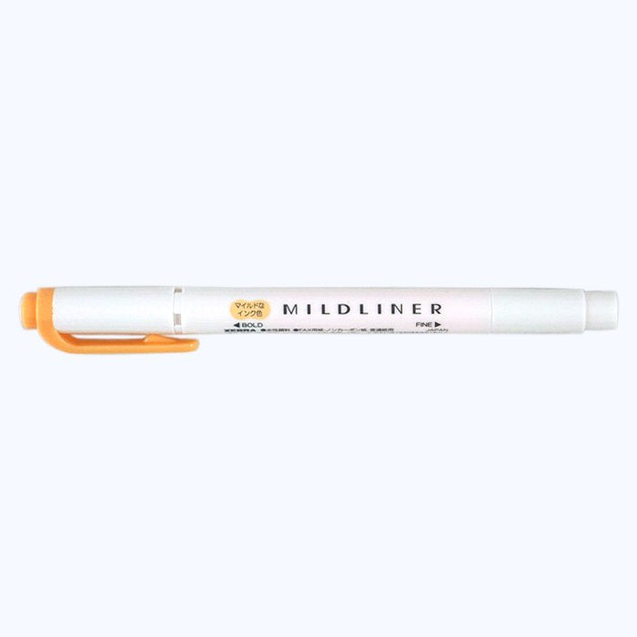 Mildliner - Orange dual-tip highlighter pen with pale yellow barrel, featuring broad and fine tips for versatile highlighting and underlining.