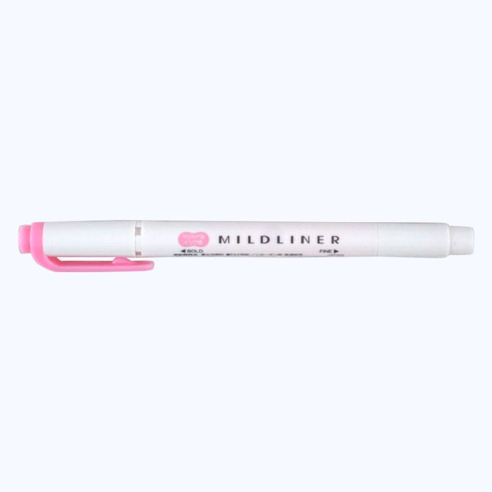 Mildliner - Pink dual-tip highlighter featuring a white barrel with pale pink accents, offering a chisel tip for bold strokes and a fine bullet tip for precision.