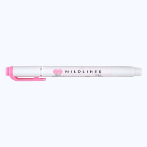 Mildliner - Pink dual-tip highlighter featuring a white barrel with pale pink accents, offering a chisel tip for bold strokes and a fine bullet tip for precision.
