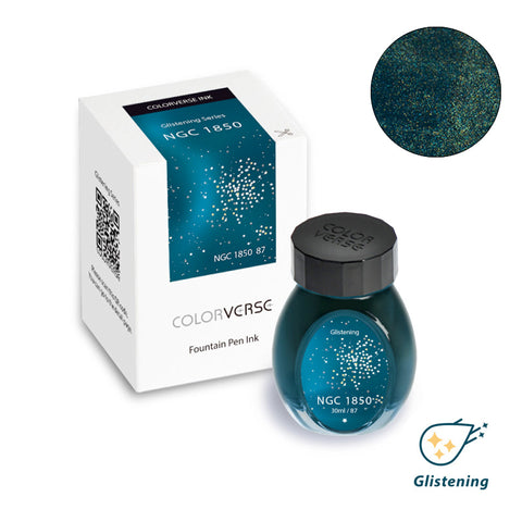 Colorverse NGC 1850 - 30ml fountain pen ink bottle and box, deep teal/blue-green with gold shimmer, part of the Glistening Series by Desk Bandit.
