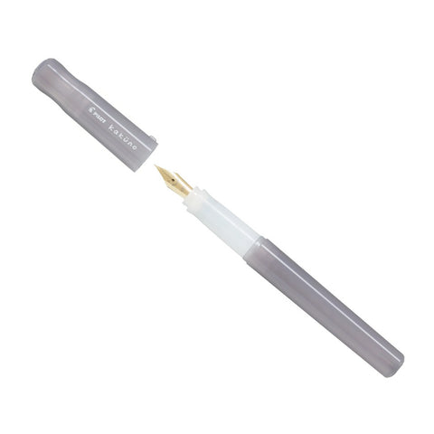 Pilot Kakuno Madoromi - Brown - Fine (LE) fountain pen with translucent-gray body, white grip, and gold-colored nib, showcasing its sleek design and beginner-friendly features.