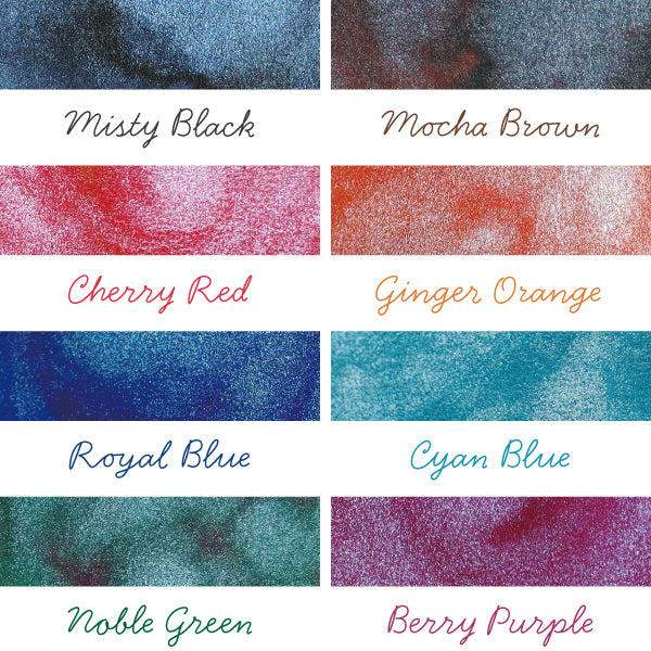 Teranishi Sparkle Ink - Dusty Gold, 12ml, displayed among eight shimmering color swatches. A shimmering fountain pen ink from the Japanese stationery brand.