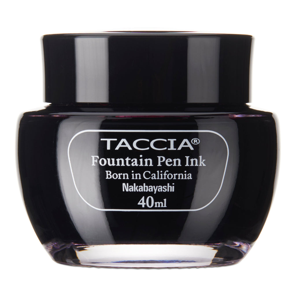 40ml glass jar of TACCIA Ebi fountain-pen ink, showcasing a sleek design, inspired by pure Japanese color traditions, suitable for resin and celluloid pens.
