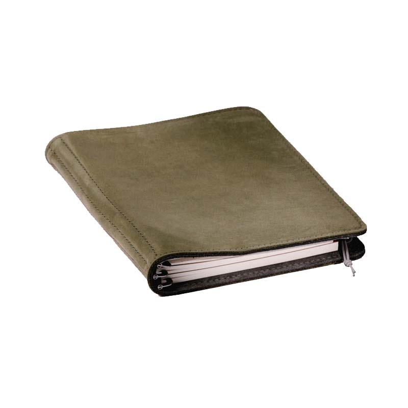 Taschenbegleiter SO_20 - Dark Olive/Grey (M): A Roterfaden planner with olive leather cover, ring-bound design, and versatile pockets, ideal for organizing fountain pen friendly notebooks.