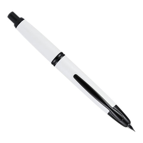 Vanishing Point - White/Black- Fine fountain pen with a white metal body, matte black accents, and an 18K gold black-ionized nib, click-retractable.