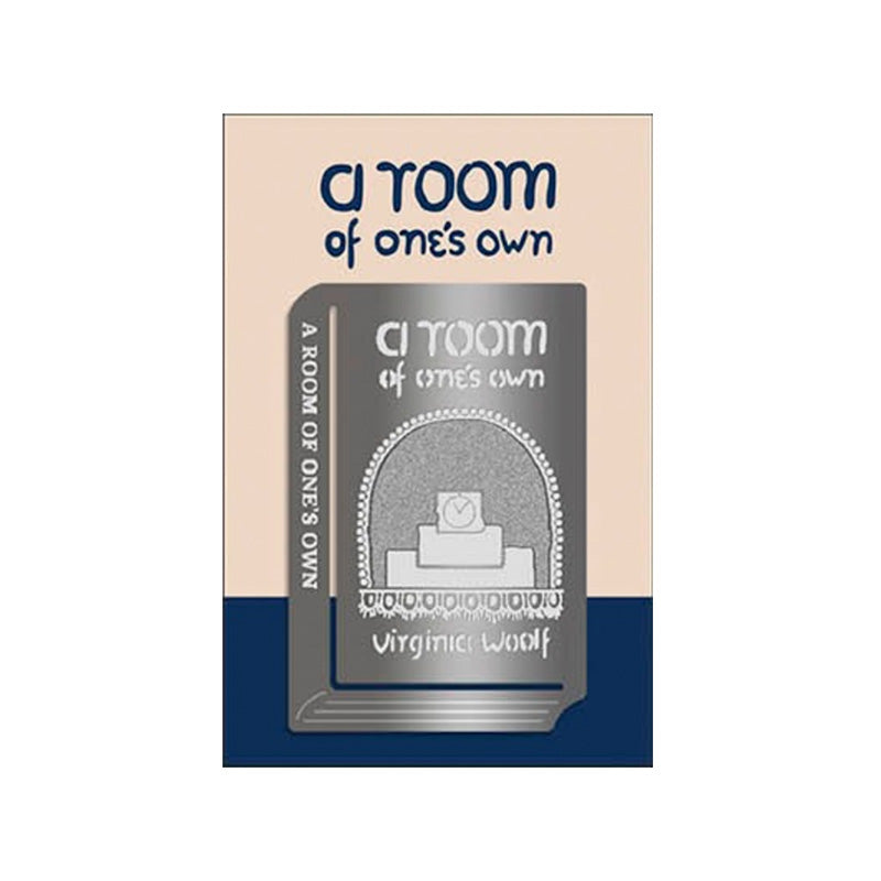 Wearingeul Edge Metal Bookmark World Classic Series featuring Virginia Woolf’s A Room of One’s Own cover design, crafted in silver metal with arched motif and clock illustration.