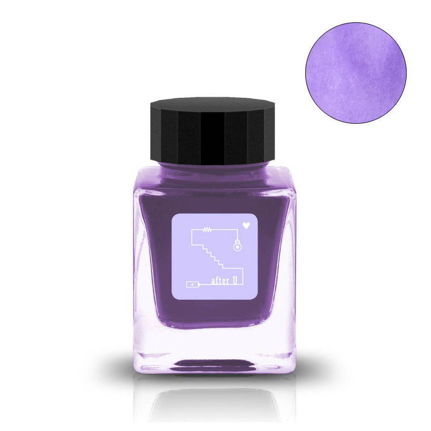 Tono & Lims After U fountain pen ink, 30ml bottle with vibrant violet ink and circuit-style label featuring elements like a resistor and heart icon.