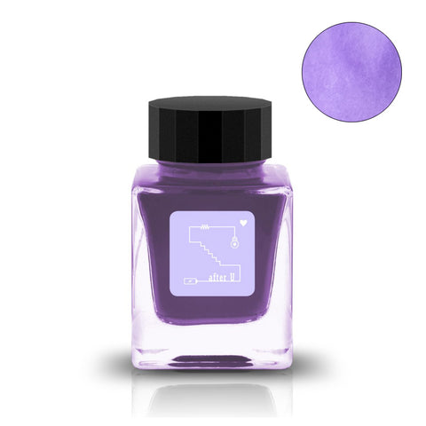 Tono & Lims After U fountain pen ink, 30ml bottle with vibrant violet ink and circuit-style label featuring elements like a resistor and heart icon.