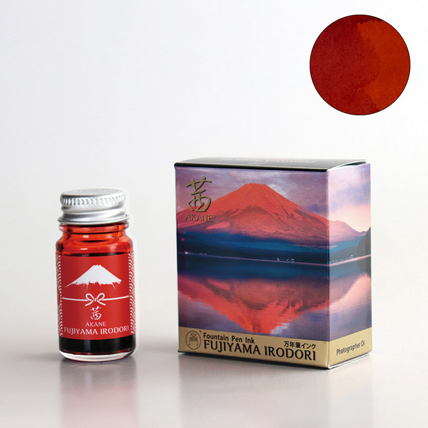 Teranishi Chemical Industry Akane / Fujiyama Irodori 12ml fountain pen ink, featuring red Mount Fuji-themed packaging and deep red ink swatch.