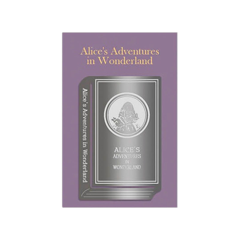 Wearingeul Edge Metal Bookmark World Classic Series featuring an intricate silver-foil design inspired by Alice's Adventures in Wonderland, highlighting the book's iconic cover on a nickel-plated stainless steel bookmark.