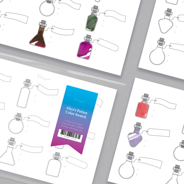 Impression Ink Swatch Sheets (Alice's Potion) by Wearingeul, featuring potion-bottle outlines for fountain pen ink swatches, in a 20-sheet pack on 200gsm paper, ideal for color labeling.