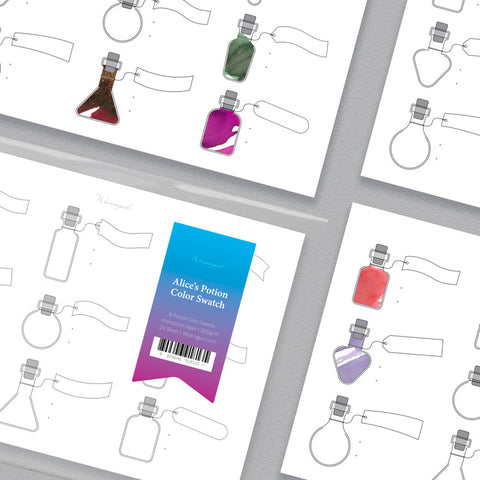 Impression Ink Swatch Sheets (Alice's Potion) by Wearingeul, featuring potion-bottle outlines for fountain pen ink swatches, in a 20-sheet pack on 200gsm paper, ideal for color labeling.