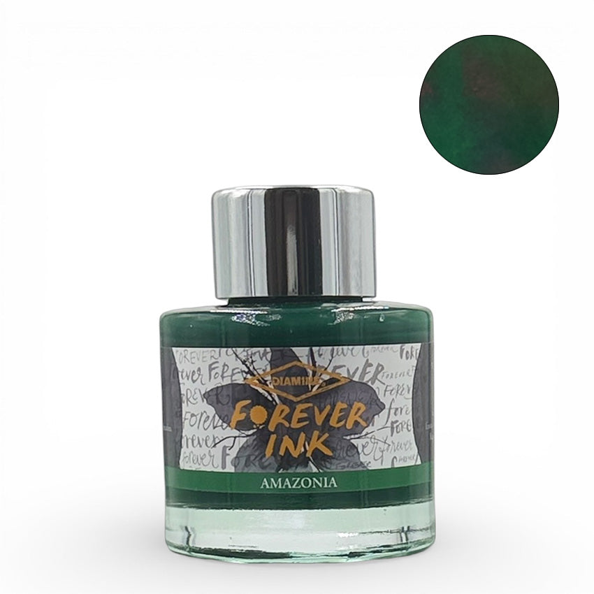 Diamine Amazonia Fountain Pen Ink, 50ml glass bottle with silver cap, deep green with red sheen. Waterproof, permanent, lightfast ink for lasting writing and artwork.