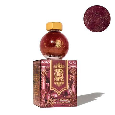 Ferris Wheel Press The King Midas - Ambrosia Indulgence fountain pen ink, 20ml bottle, deep burgundy-red with gold shimmer, atop its ornately illustrated matching box.