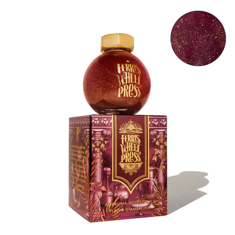Ferris Wheel Press fountain pen ink, The King Midas - Ambrosia Indulgence, 85ml bottle, featuring deep burgundy liquid with gold shimmer in a glass bottle with a gold cap.