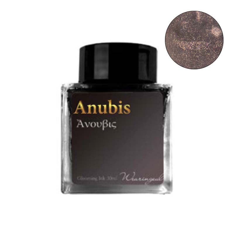 Wearingeul Anubis (Shimmer) - 30ml fountain pen ink, dark hue with bronze-gold shimmer, in glass bottle; label features “Anubis” in English and Greek.