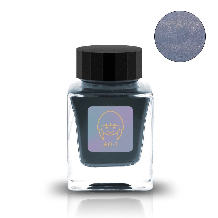 AO•I (Shimmer) - 2ml ink sample in a square glass jar with a black cap and cartoon-face label, showcasing deep shimmery blue ink.