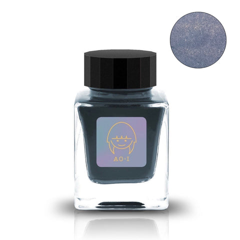 AO•I (Shimmer) - 2ml ink sample in a square glass jar with a black cap and cartoon-face label, showcasing deep shimmery blue ink.