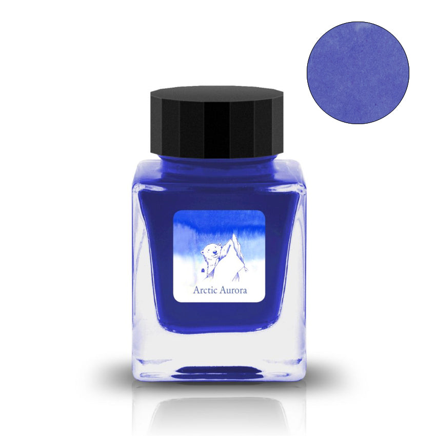 Arctic Aurora - 30ml fountain-pen ink in a square glass bottle, vibrant blue-purple shade, part of Tono & Lims' 'Friendship' series.